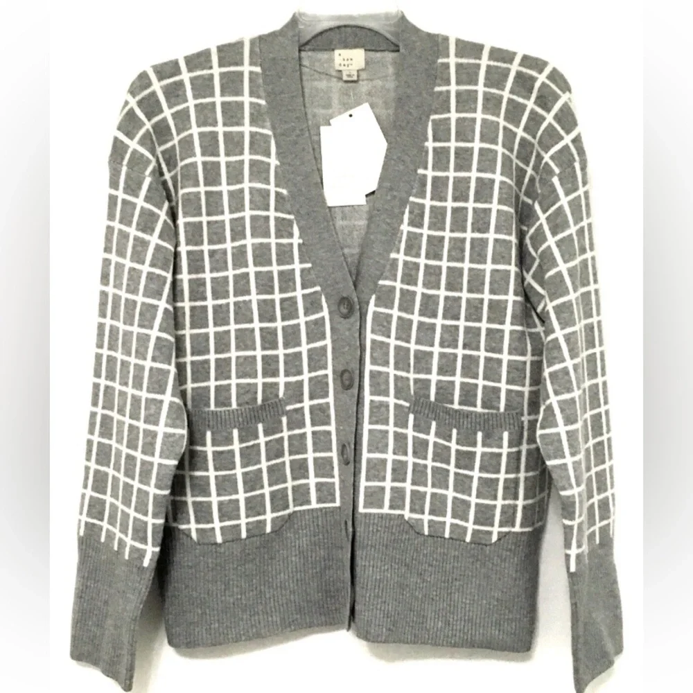 A New Day Women's L Cozy Knit Light Gray Windowpane Everyday Cardigan Sweater - Picture 1 of 7